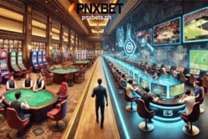 Merong isang lalaki sa gitna na naglalakad sa gitna ng dalawang senaryo ang isa ay naglalaro sa table poker at sa kabila naman ang punong puno ng manlalaro sa pagpapakita ng pagtangap sa e-sports.
